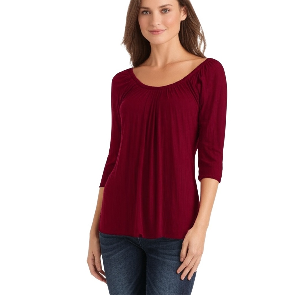 MOSSIMO Burgundy Ruched Wide Neckline Casual‎ Boho Style Top Womens Medium